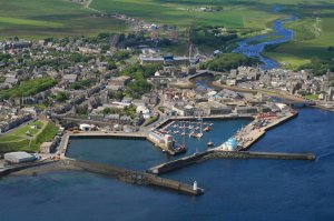 Aerial view of Wick habour on a calm day